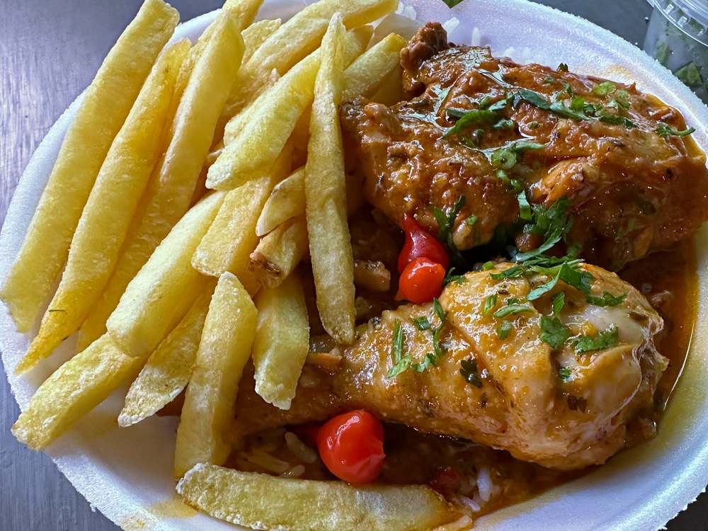 Frango ao molho com arroz e batata frita